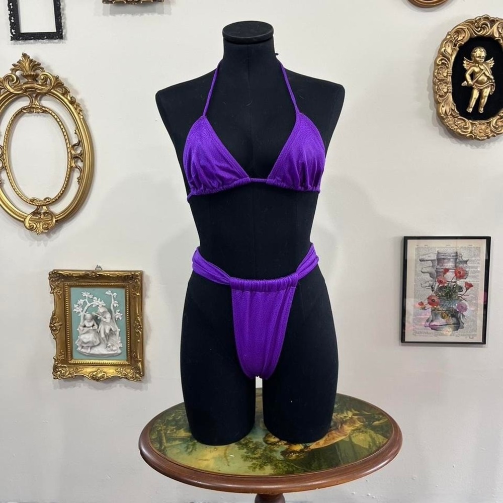 Vintage Shirley of Hollywood Purple Micro Mesh Thong Bikini Set